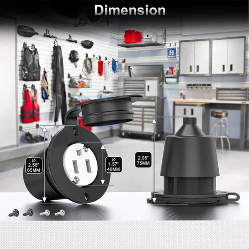 Vista 12 de Toma de corriente con brida NEMA 5-15R - 110 V/120 V, 15 amperios, receptáculo de enchufe hembra redondo individual, resistente a la intemperie