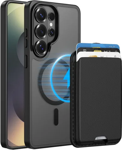 Vista 29 de Funda magnética para Samsung Galaxy S25 FE, transparente y negro con soporte para tarjetas de crédito desmontable, compatible con MagSafe, ajuste
