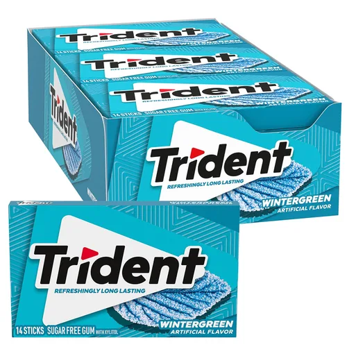 Vista 24 de 12 paquetes de 14 unidades cada uno; es decir, en total son 168 unidades de goma de mascar Trident Bubblegum sin azúcar sabor chicle. Accesorios