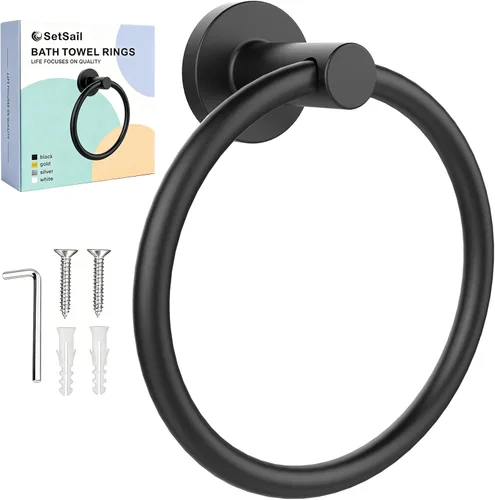SetSail - Soporte de toalla para pared de baño, anillo de toalla negro mate de acero inoxidable, soporte de toalla de mano resistente para baño y