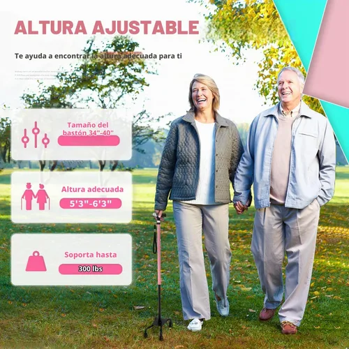 Vista 6 de Bastón BeneCane de cuatro puntas con dos luces LED con base grande, mango en T y ligereza, bastón ajustable para caminar de cuatro puntas resistente