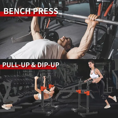 Vista 4 de BESTHLS Soporte ajustable para sentadillas con soporte para barra, soporte para placa de peso, ganchos en J, estación de barra de inmersión