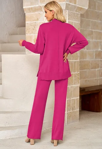 Vista 9 de Linsery Conjunto de suéter de 2 piezas para mujer, cuello alto, suéter de punto de pierna ancha, sudadera casual