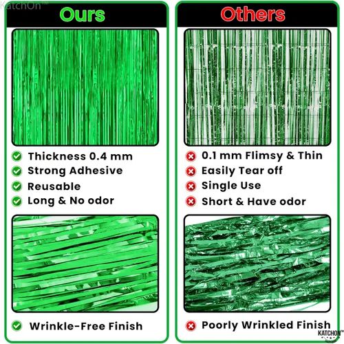 Vista 3 de KatchOn, Serpentinas verdes – 3.2 x 8 pies, paquete de 2 Telón de fondo verde para decoración de cumpleaños de dinosaurios Serpentinas de puerta