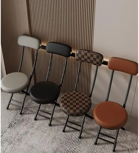 Vista 5 de Compact Foldable Bar Stool with Backrest & Round Cushion - Space-Saving Portable Chair for Kitchen, Dining, Living Room, Office & Balcony - Stylish