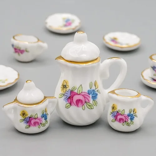 Vista 3 de Odoria Juego de té de porcelana en miniatura 1/12, 15 piezas, accesorios de decoración de casa de muñecas, flor rosa