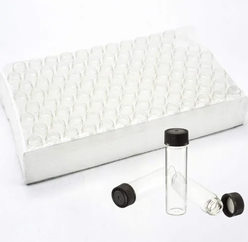 Vista 6 de Paquete de 100 frascos de vidrio con tapones de rosca fenólicos negros (0.1 fl oz, transparentes)