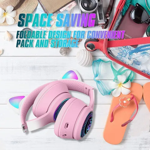 Vista 9 de Auriculares plegables inalámbricos Bluetooth 5.1 con luz LED, VIGROS estéreo, música, sonido envolvente con micrófono AUX para PC, pad, móvil Rosa