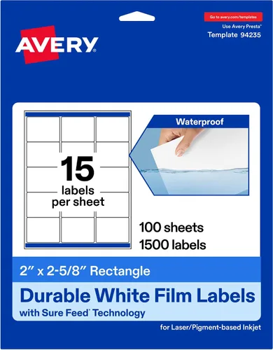 Avery Etiquetas rectangulares blancas duraderas imprimibles, tecnología Sure Feed, 2 "x 2-5/8", etiquetas impermeables, compatibles con inyección de