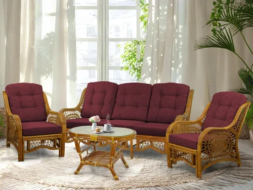 Vista 32 de Malibu Lounge Juego de 4: 2 sillas de mimbre de ratán natural, sofá de tres plazas con cojines marrón claro y mesa de centro con vidrio hecho a