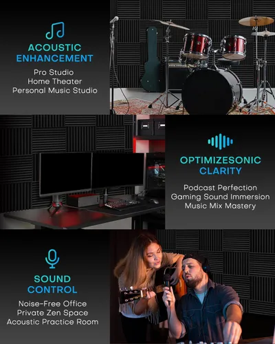 Vista 8 de Paquete de 24 paneles acústicos de espuma a prueba de sonido con autoadhesivos para pared, 12 x 12 x 2 pulgadas, de alta densidad, reducen