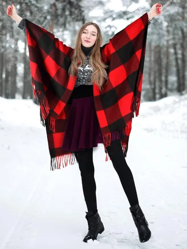 Vista 7 de Woven Knit Buffalo Plaid Poncho Blanket Sweater Poncho Ruana Wrap Shawl Warm for Women