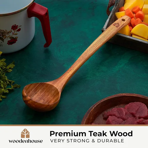 Vista 7 de Cucharón de madera para cocinar, cuchara de sopa - Cuchara de madera de teca, mango de 12.4 pulgadas, tamaño mediano de 2 onzas, ecológico, natural