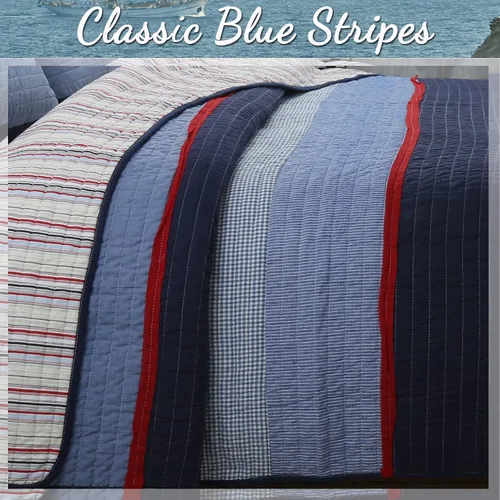 Vista 6 de Cozy Line Home Fashions - Juego de ropa de cama acolchada reversible de 100% algodón, con rayas azul marino y rojo, para niño, colcha, colcha