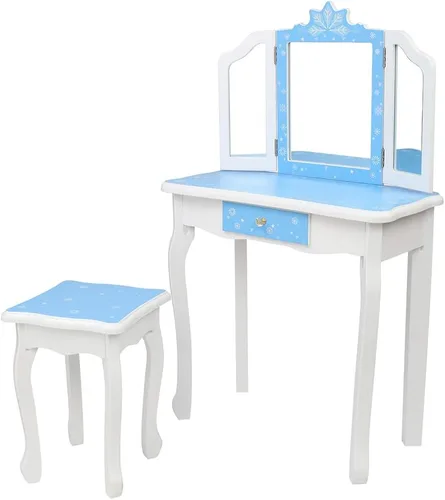 Vista 8 de AOCOROE Juego de mesa de tocador y taburete para niños con espejo, tocador de maquillaje de princesa 2 en 1 con cajón y parte superior desmontable