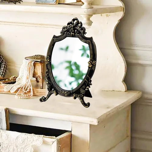Vista 3 de Eaoundm Espejo decorativo de pared con marco de resina, espejo de mesa, para dormitorio, sala de estar, decoración de aparador, 8.2 pulgadas de Negro