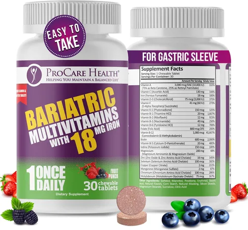 ProCare Health Multivitamínico masticable bariátrico con hierro de 18 mg (30 tabletas) – Multivitamínico bariátrico con sabor a ponche de fruta