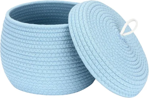 Vista 48 de Sea Team Cesta de almacenamiento redonda de cuerda de algodón con tapa, cesta de almacenamiento tejida con pompones de arcoíris coloridos, maceta