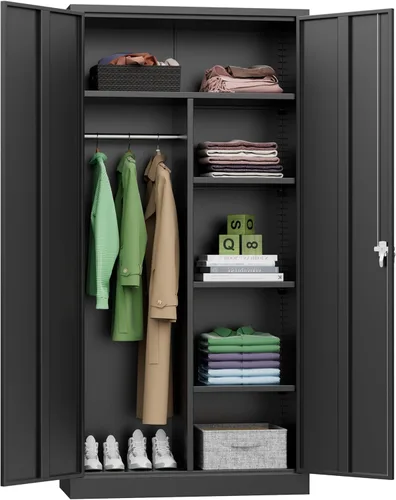 INTERGREAT Armario Ropero de Metal, Gabinete de Armarios de Almacenamiento de Metal de 72" de Alto con Puertas con Cerradura y Barra para Colgar,