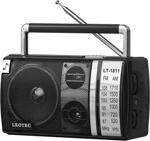 LEOTEC Radio AM FM, radio Bluetooth portátil, enchufe de pared o funciona con pilas, mejor recepción con conector para auriculares, de mano, ideal
