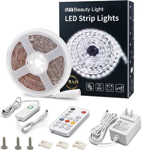 MY BEAUTY LIGHT Tira de luces LED blancas, 16.4 pies, tira de luces LED de intensidad regulable con control remoto RF, 300 LED 2835 brillantes de
