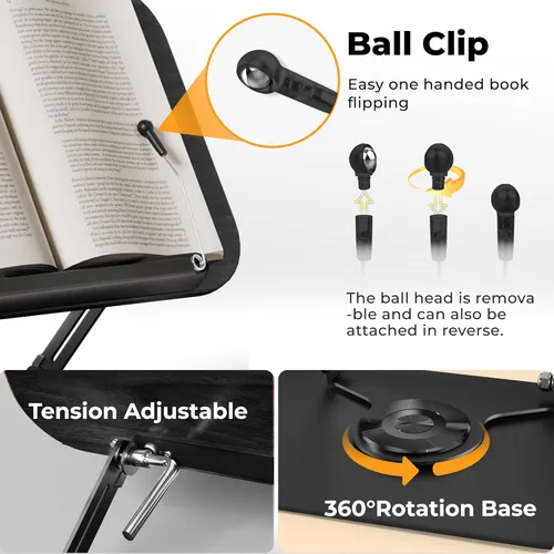 Vista 7 de SupeDesk Soporte de Libros para Lectura, Soporte de Libros Ajustable con Bases Giratorias de 360°, Diseños Plegables y Clips Elásticos, Soporte