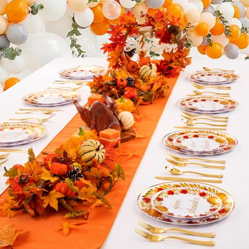 Vista 7 de U-QE 125 platos de plástico de Acción de Gracias con cubiertos de plástico dorado, platos blancos y dorados para 25 invitados, incluyen 25 platos