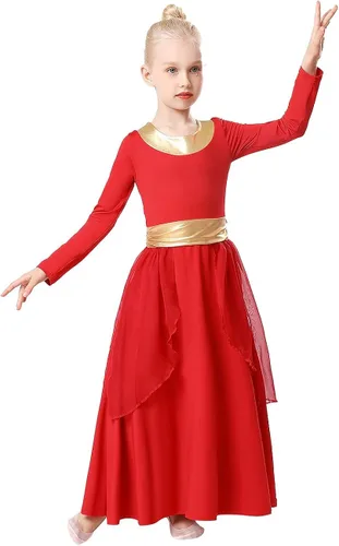 REXREII - Traje de baile con cintura metálica de manga larga litúrgica para niñas