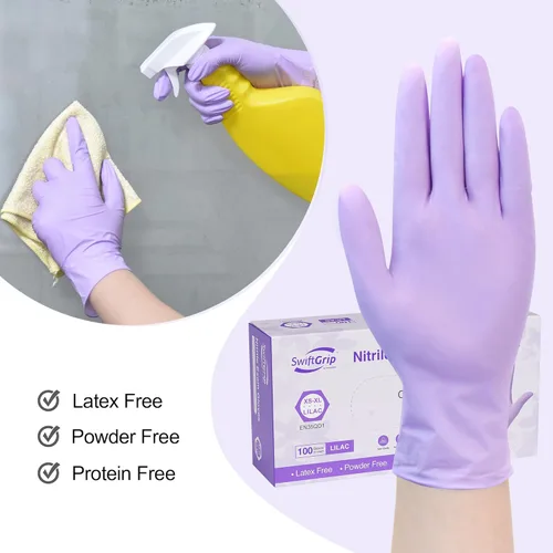Vista 3 de SwiftGrip Guantes desechables para examen de nitrilo, 3 mil, guantes lilas desechables sin látex, sin polvo