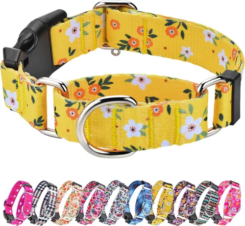 Hikiko Collar Martingala para perros con patrón especial, ajustable, M Flor Amarilla