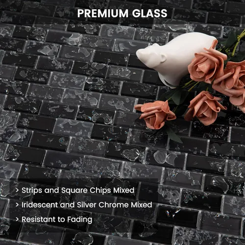 Vista 4 de Azulejo de mosaico de vidrio para salpicadero negro y gris de 12 x 12 pulgadas para salpicadero de cocina, baño y ducha