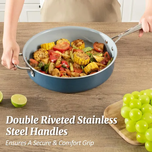 Vista 3 de Sartén Salteadora Antiadherente con Tapa de 5 QT Sartén Profunda para Freír con Mango Auxiliar de Acero Inoxidable de 12 Pulgadas Sartén Grande