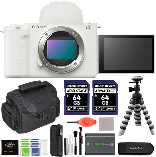 Sony ZV-E1 Cámara sin espejo (blanco) Paquete de accesorios avanzados con 2 tarjetas SD de 64 GB, bolsa para dispositivos, trípode flexible y más