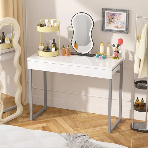 Vista 8 de GreenForest Escritorio de tocador con 2 cajones, escritorio blanco brillante para dormitorio, mesa de maquillaje con espacio de almacenamiento