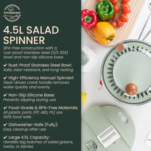 Vista 6 de Ensaladera de acero inoxidable de 5 cuartos de galón, cuenco para lavar verduras y frutas con colador, ABS y acero inoxidable, secadora de lechuga