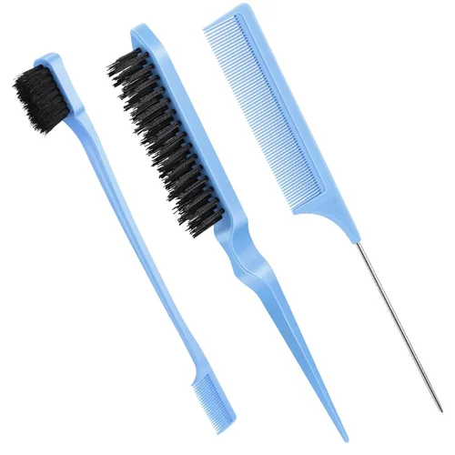 Vista 13 de Geiserailie Juego de 3 cepillos para cabello peinado hacia atrás, cepillo de cerdas, control de bordes, peine para desenredar para cabello negro