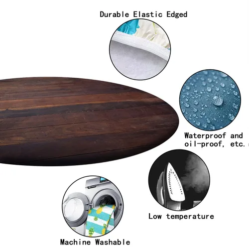 Vista 4 de Mantel redondo ajustable con patrón de chocolate, borde elástico, adecuado para catering y cocina, se puede limpiar para mesas redondas de 14 a 16