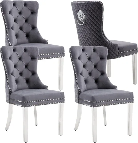 Vista 21 de KCC Juego de 2 sillas de comedor tapizadas de terciopelo, modernas sillas capitoné con botones con anillo de cabeza de león y patas de acero