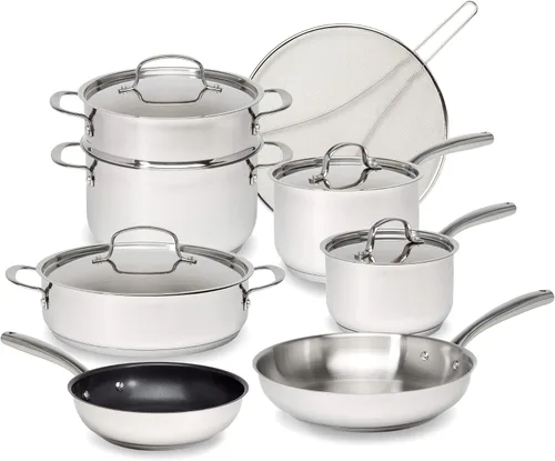 Goodful - Juego de utensilios de cocina clásicos de acero inoxidable con base de tres capas, ollas y sartenes, apto para lavavajillas