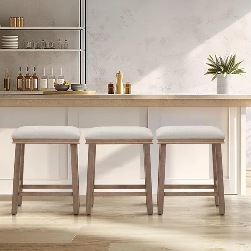 Vista 28 de Taburete de bar de madera maciza para encimera de cocina, taburete de bar con asiento de silla de montar de tela, taburete tapizado para isla de 34