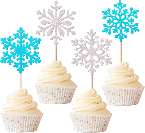 Rsstarxi Paquete de 24 adornos de copos de nieve con purpurina para cupcakes temáticos de congelados de invierno, decoración de pasteles de baby