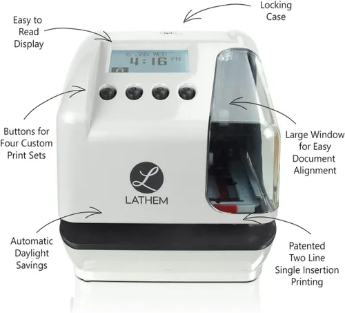 Vista 2 de Lathem LT5000 - Reloj electrónico multilínea de fecha y numeración para documentos, transparente, gris, 7.1" x 6.1" x 7