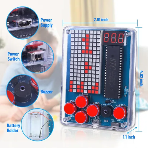 Vista 5 de PEMENOL Kit de soldadura de juego de bricolaje para principiantes, 4 juegos retro, proyecto de electrónica STEM con brillo ajustable, interruptor