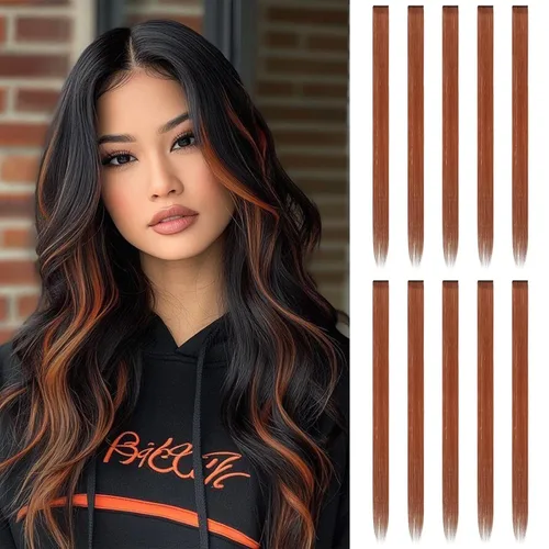 Vista 38 de FESHFEN Juego de 12 extensiones de cabello con clip, color negro, con clip, con purpurina, kit de accesorios coloridos para mujeres, de 20 pulgadas