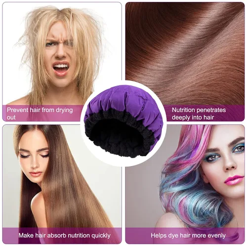Vista 3 de Gorro térmico para microondas de acondicionamiento profundo para peinar y tratar el cabello al vapor, terapia de cuidado del cabello (morado)
