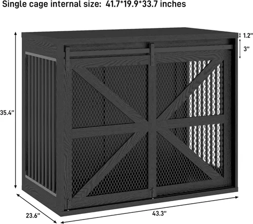 Vista 2 de Mueble de jaula para perros de granja de 43 pulgadas, muebles de madera para perreras con puerta corrediza de malla metálica de granero, muebles