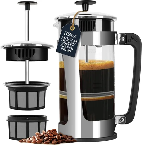 Vista 13 de ESPRO Cafetera de prensa francesa P3, microfiltro doble patentado para preparar sin arena, resistente al calor, prensa de café de vidrio de Negro