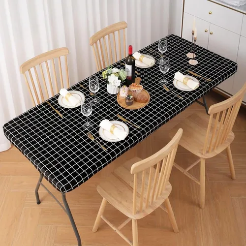 Vista 74 de Mantel rectangular, manteles de plástico elásticos ajustables con parte trasera de franela para mesas de 4 pies, manteles de vinilo impermeables