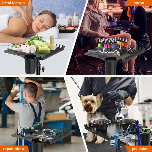 Vista 9 de Bandeja rodante de salón con 2 cuencos magnéticos, carrito de herramientas profesional, bandeja de extensión de cabello para peluqueros, bandeja