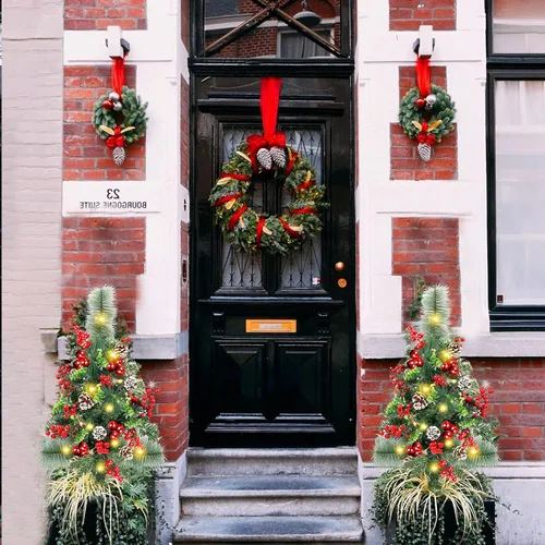 Vista 5 de GUOOU - Juego de 2 jarrones de árbol de Navidad para camino, árboles de Navidad artificiales iluminados mini con luces, decoraciones de Navidad al